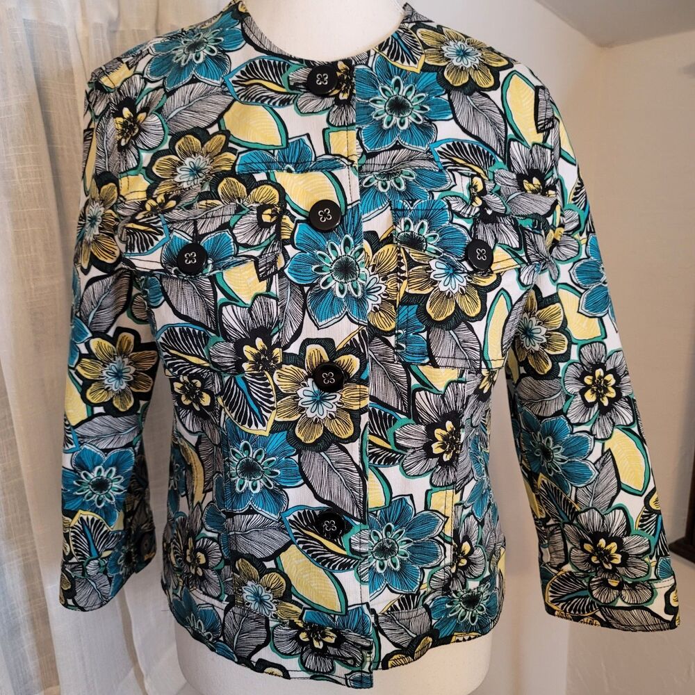 Hearts of Palm Floral Jacket Structured Cotton Teal Yellow Button Front sz 12